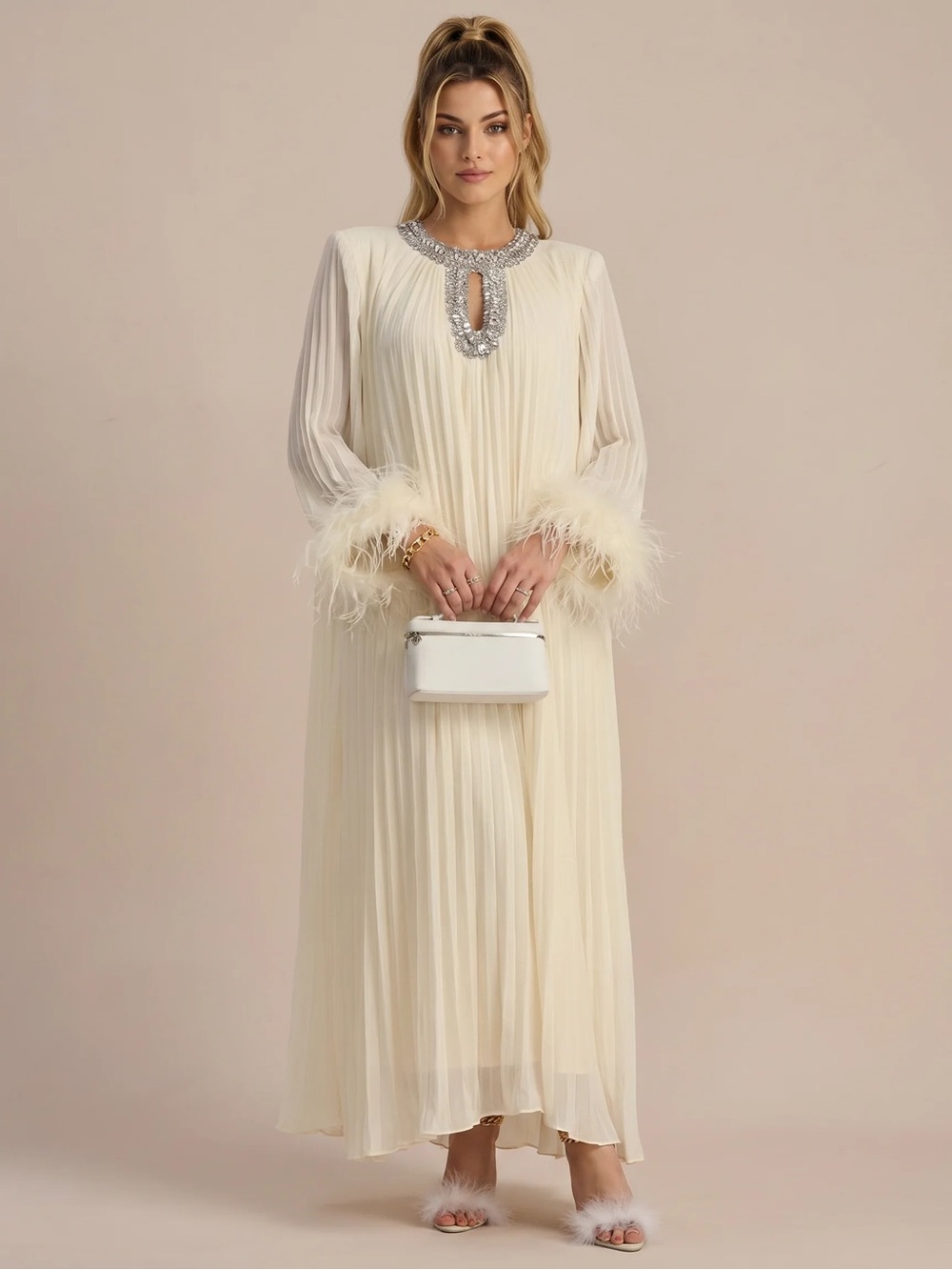 Beulah Cream Pleated Maxi Dress with Feather Cuffs and Jeweled Crystal Neckline